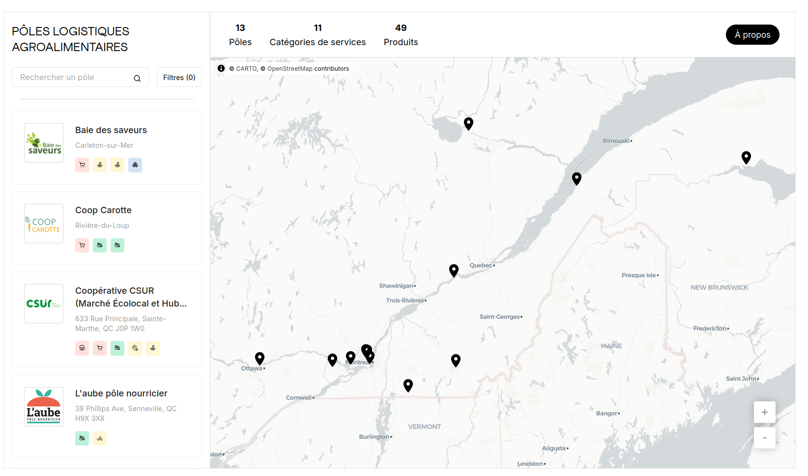 capture d'écran montrant la carte listant les coopératives de circuits courts alimentaires québécois. Avec leur logo et une icône par services fournis;
